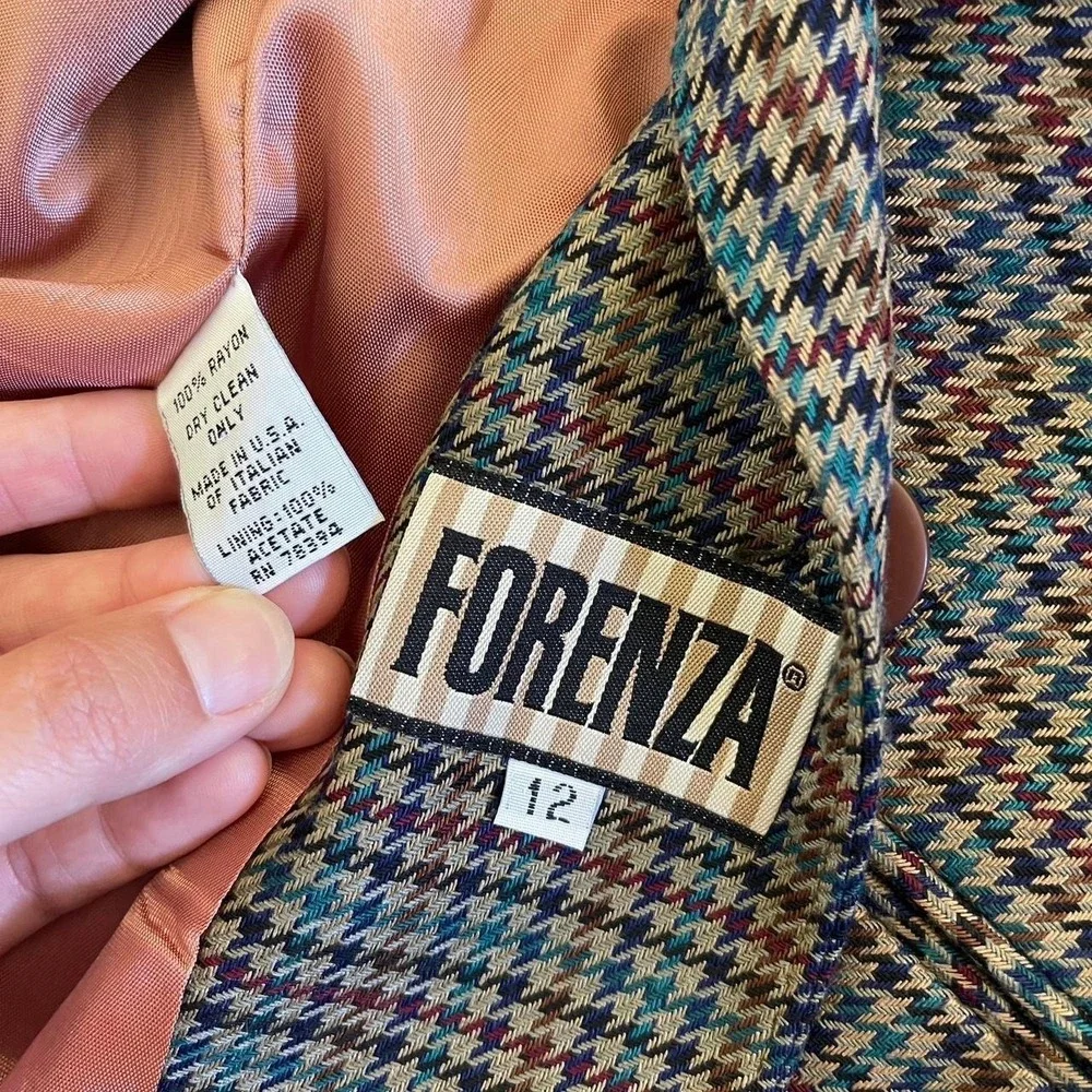 Vintage 90s Forenza Blazer Houndstooth Brown Career Office Jacket‎ Size 12